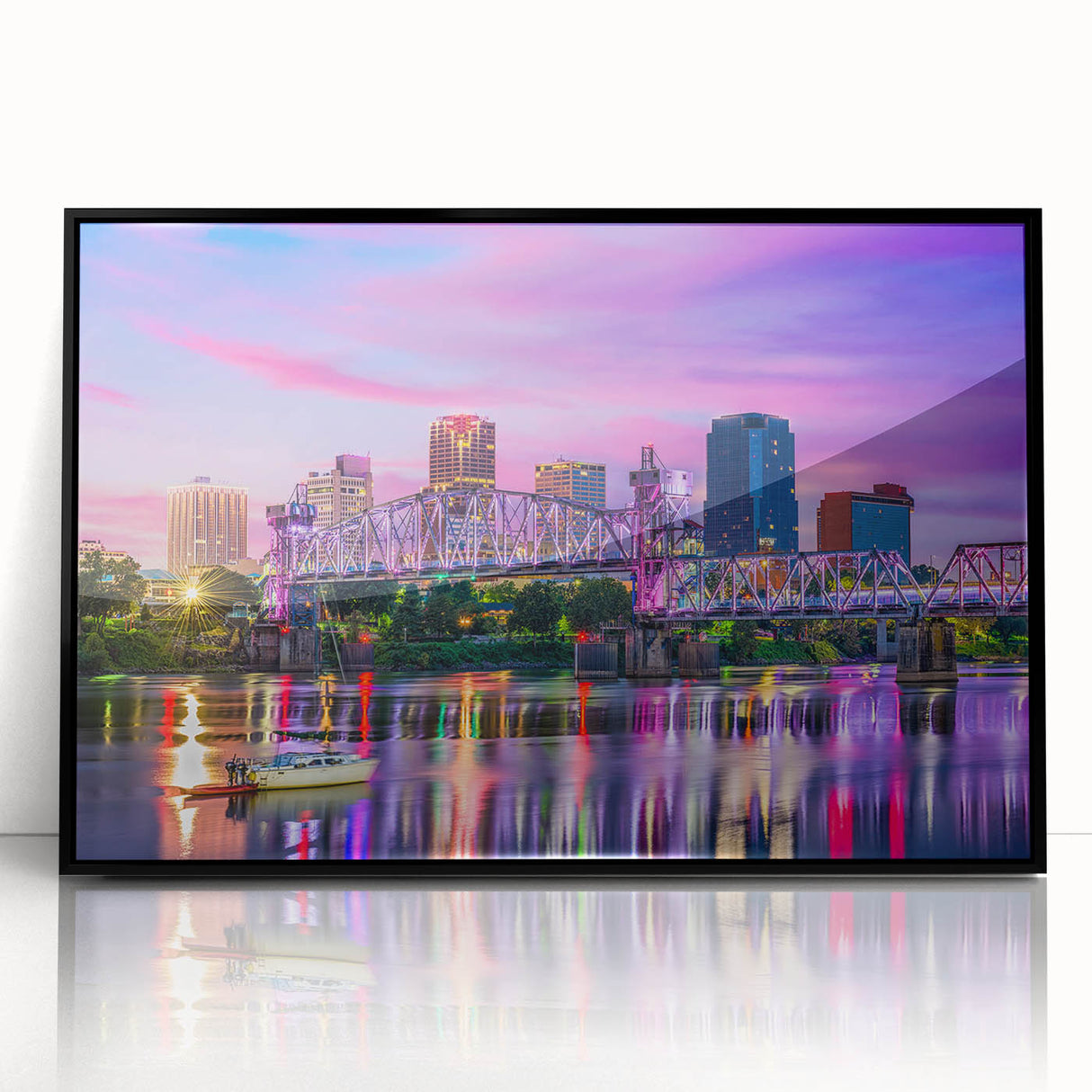 Large abstract wall art depicting a vibrant Arkansas landscape in mid-century modernist style, acrylic print framed in black.