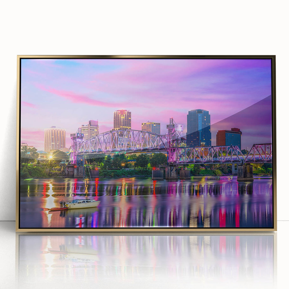 Mid-century modernist style acrylic print of Arkansas scenery, featuring muted earth tones, framed in gold.