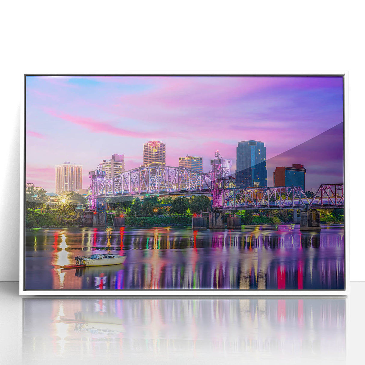 Acrylic framed print of a minimalist Arkansas scenery in muted green and blue tones, ideal for modern art wall decor.