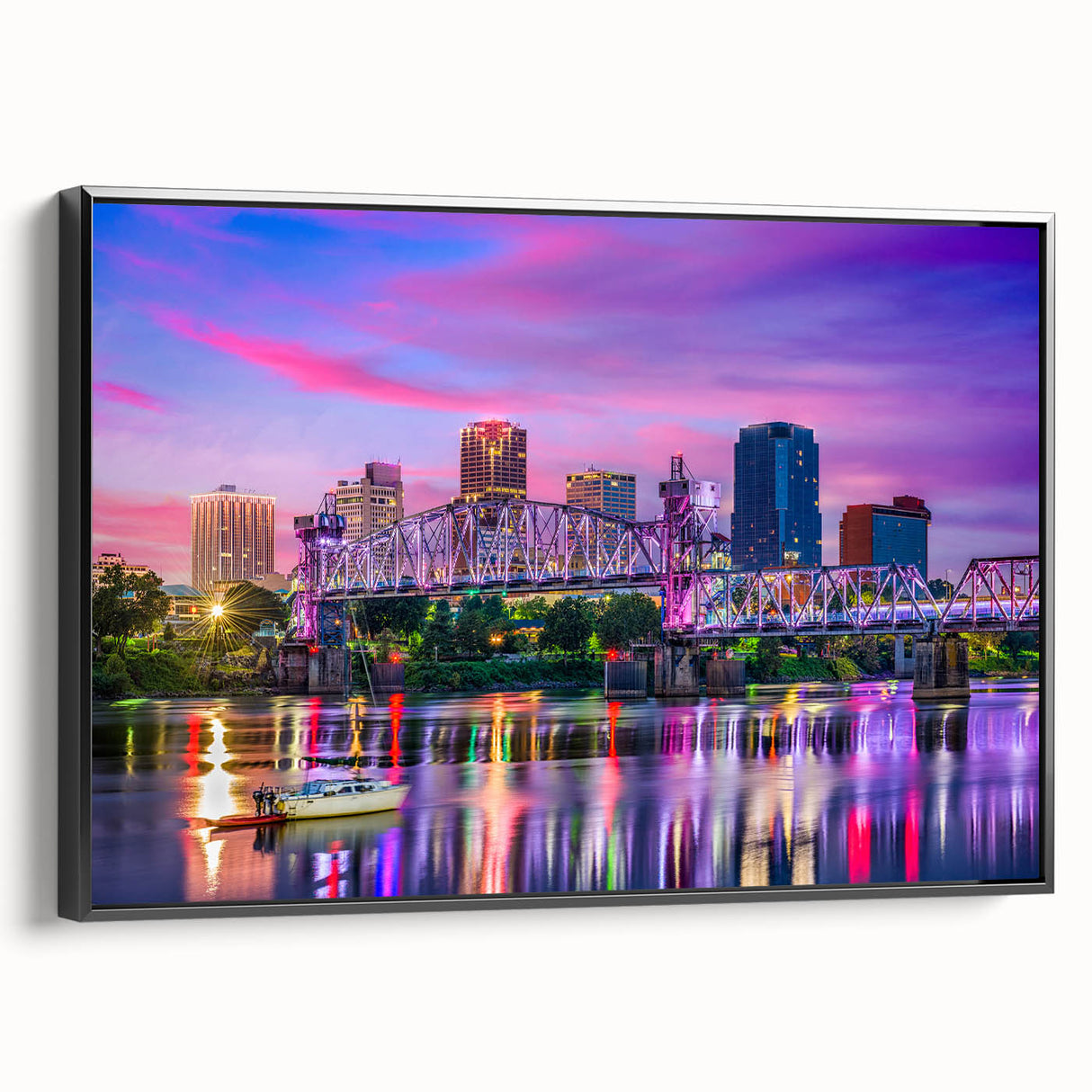 Black and white wall art featuring a vintage-style Arkansas landscape on framed canvas, ideal for bedroom decor.