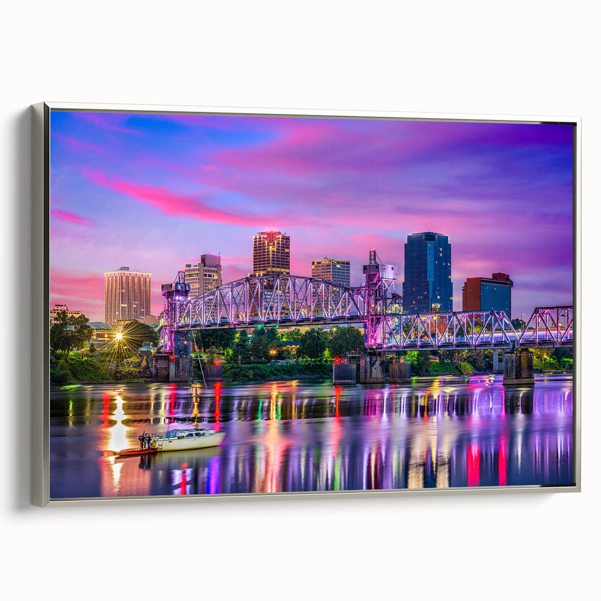 Framed canvas featuring a vintage-style landscape art painting of Arkansas scenery in colorful tones.