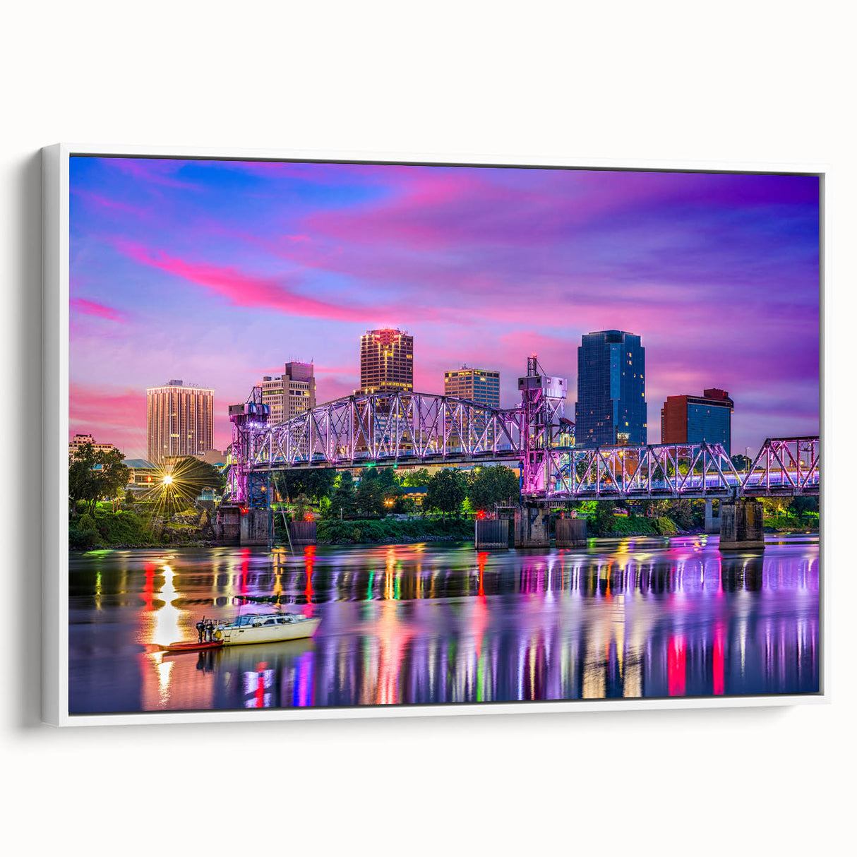 Vintage poster art of Arkansas scenery in colorful tones on a large framed canvas, suitable for living room decor.