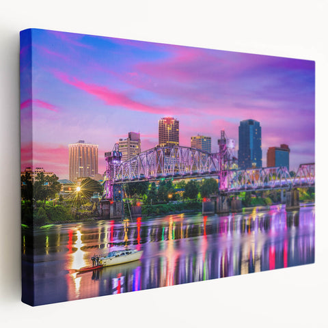 Arkansas landscape on large stretched canvas, featuring muted greens and blues, ideal for kitchen wall art.