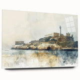 Large abstract depiction of Alcatraz in muted gray and blue, acrylic print, suitable for bedroom or dining room decor.