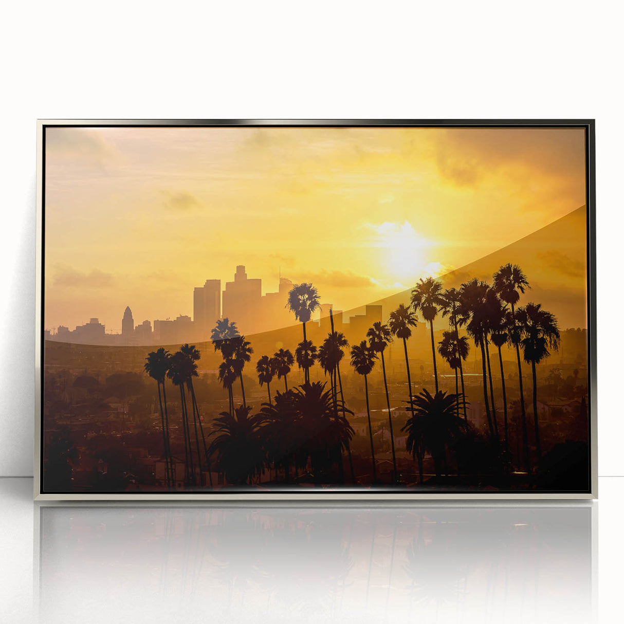 Mid-century modernist art depicting Beverly Hills scenery in muted colors on a silver-framed acrylic print.