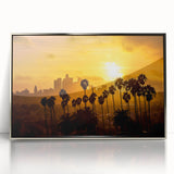 Mid-century modernist art depicting Beverly Hills scenery in muted colors on a silver-framed acrylic print.