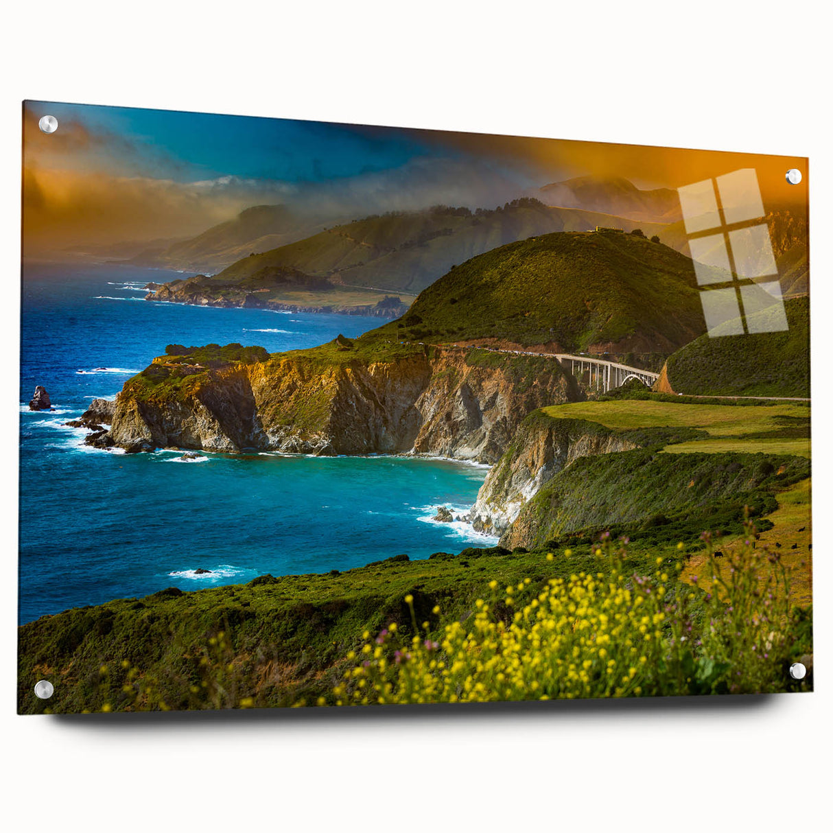 Acrylic print of Big Sur coastline in muted earth tones, suited for bedroom or dining room decor.