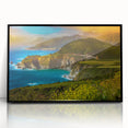 Large abstract wall art depicting the Big Sur coastline in muted blues and greens on a framed acrylic.