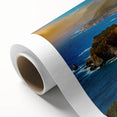Art Deco style poster of California's Big Sur on rolled canvas, featuring muted earth tones.