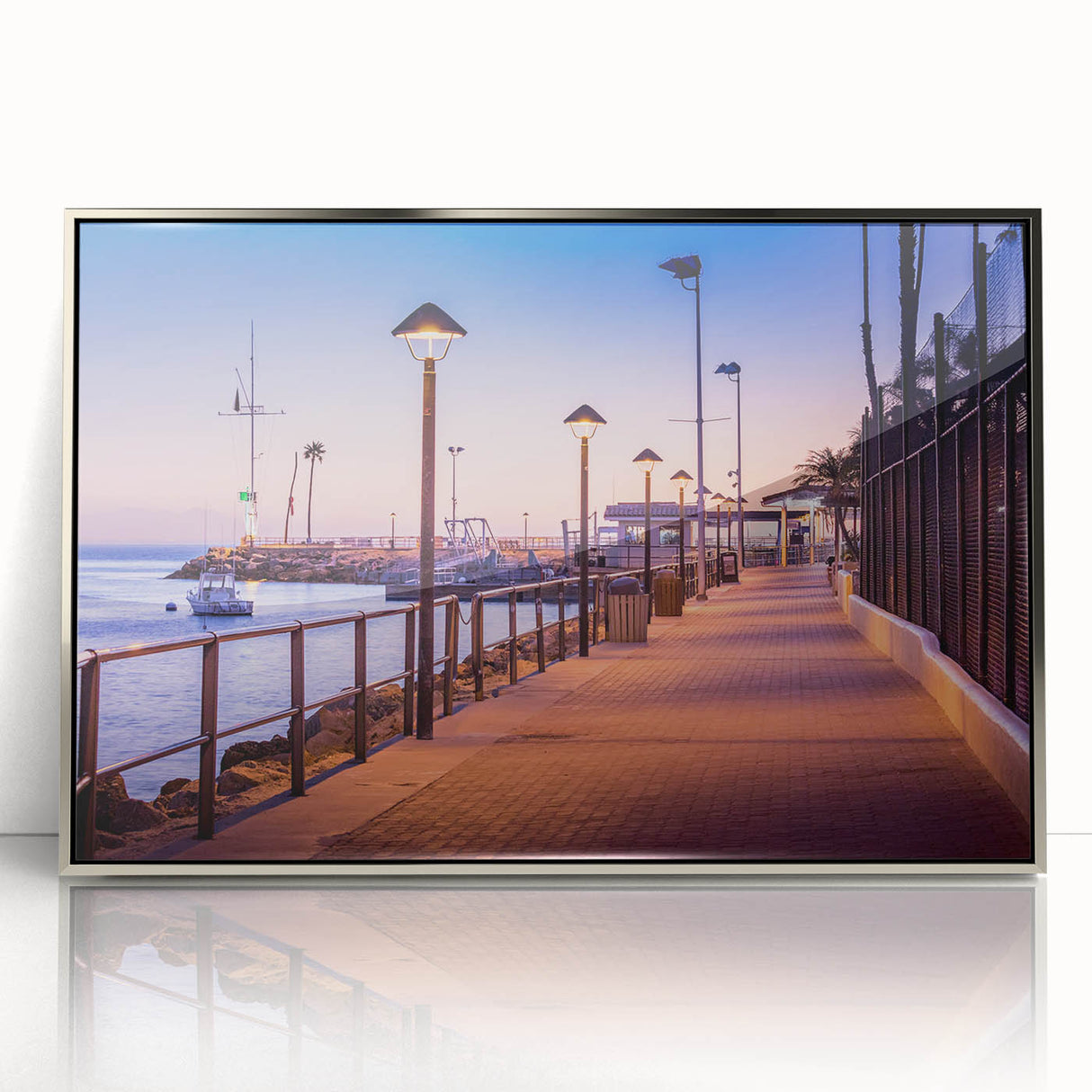 Mid-century modernist art featuring the Catalina Island scenery in silver-framed acrylic, suitable for nursery wall art.