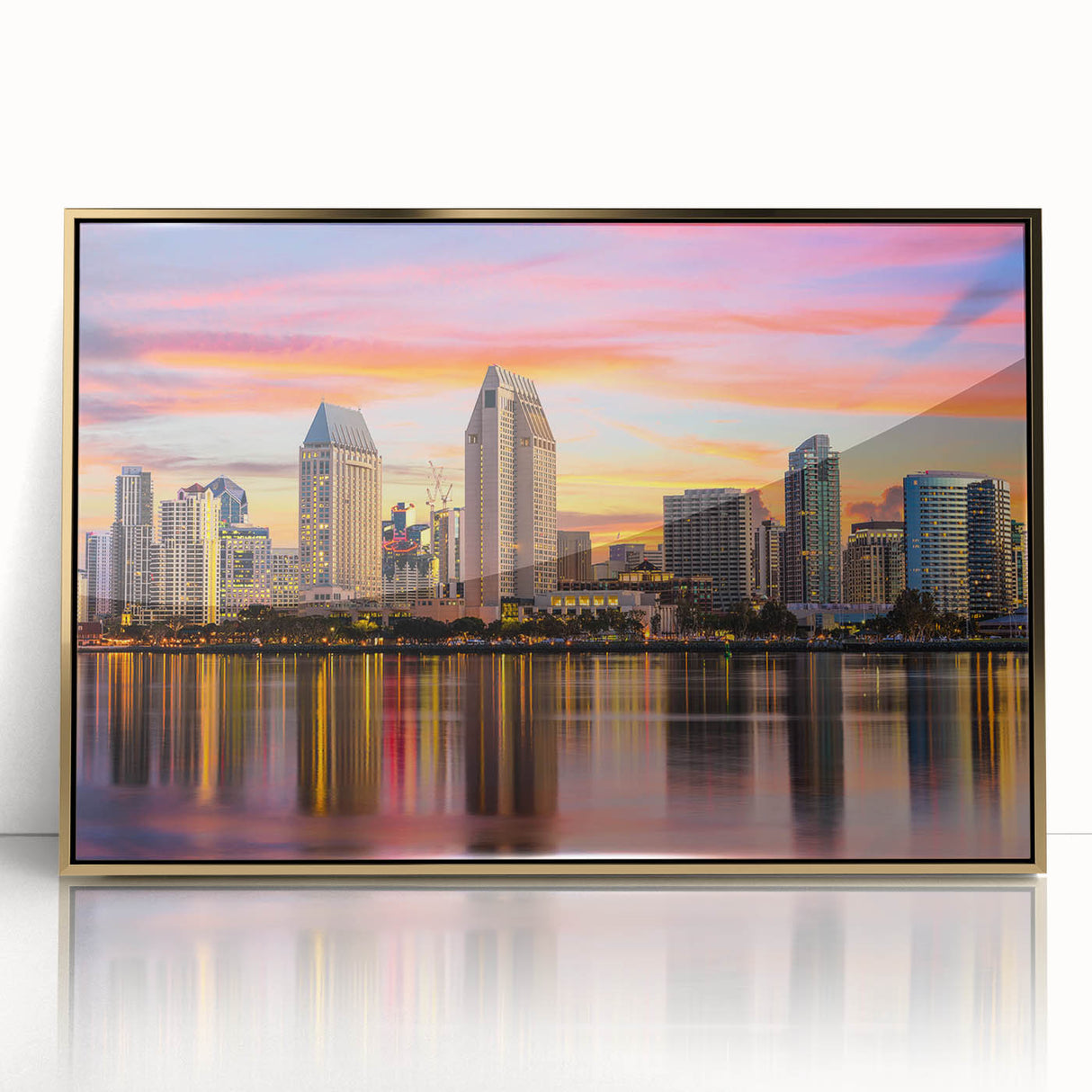 Mid-century modernist style large art print of Coronado, California scenery in gold frame.