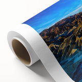 Art deco poster of Death Valley in muted earth tones on rolled canvas, ideal for dining room wall art.