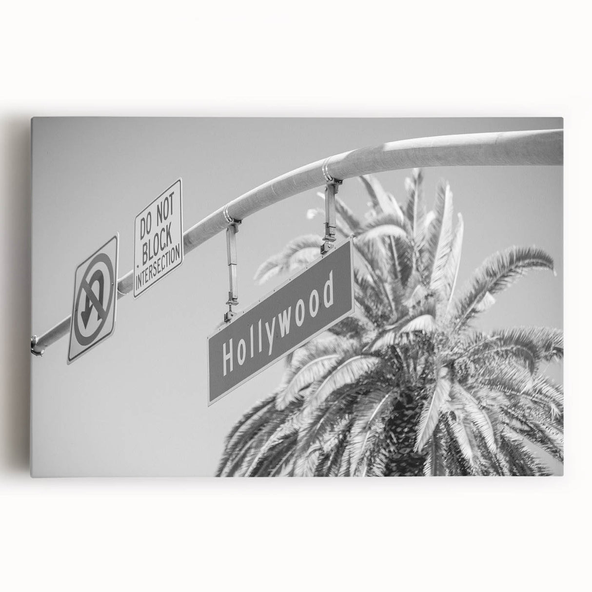 Large black and white stretched canvas of the Hollywood, California skyline, suitable for kitchen wall art.