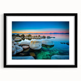 Extra large abstract art print of Lake Tahoe with vibrant blue and green hues on textured canvas.