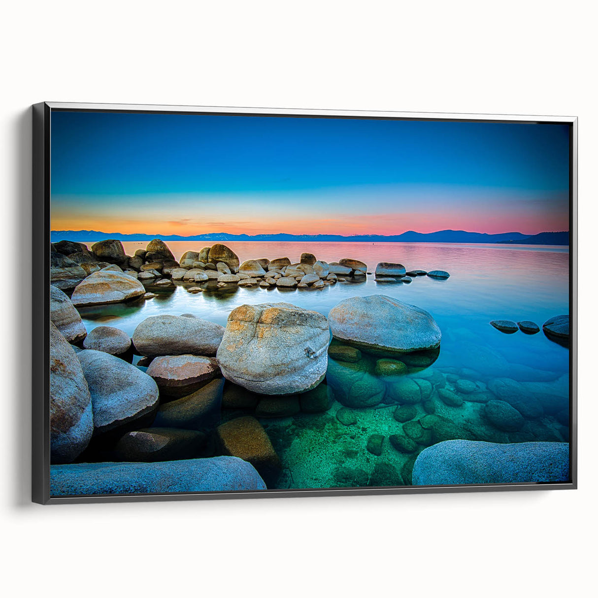 Black and white wall art of Lake Tahoe landscape on framed canvas, ideal for bedroom decor.