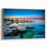 Framed canvas landscape art painting of Lake Tahoe with muted blue and green tones, ideal for living room decor.