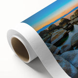 Art deco poster of Lake Tahoe on rolled canvas, featuring muted blue and green tones, ideal for nursery wall art.