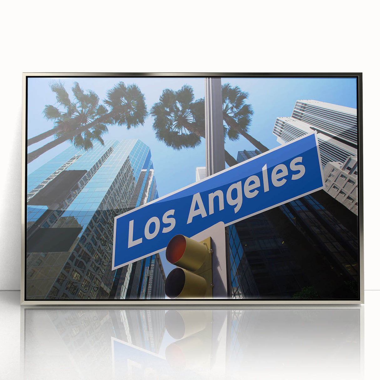 Mid-century modernist art of Los Angeles skyline in muted colors on a silver-framed acrylic, ideal for modern art wall decor.