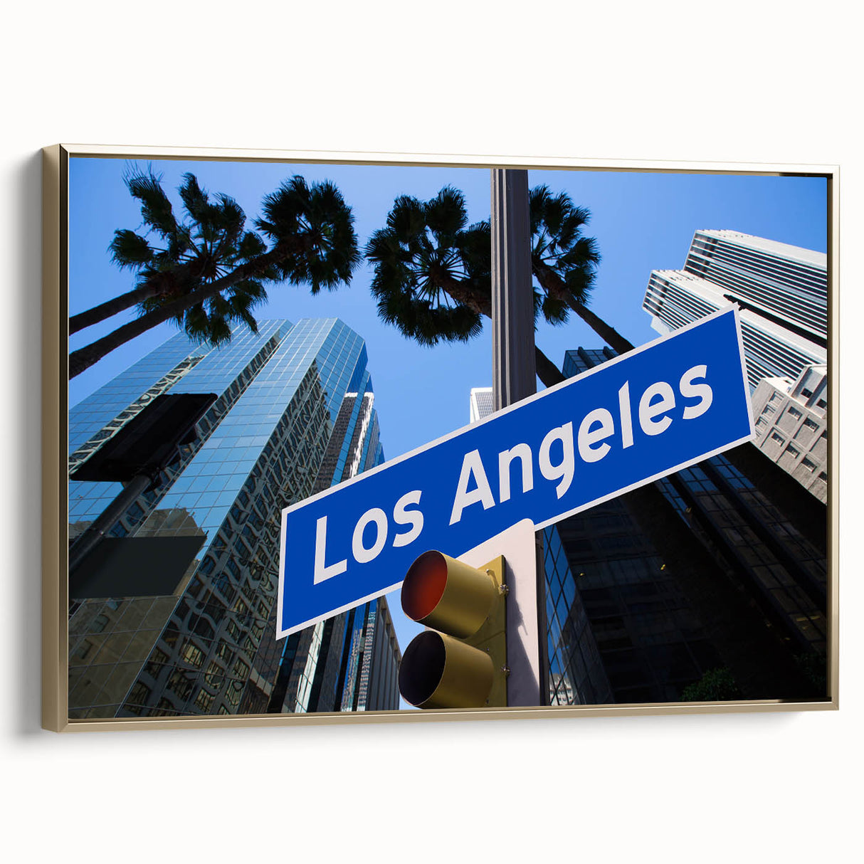 Framed canvas depicting a vintage-style Los Angeles landscape in black and gold tones, suitable for bedroom wall art.