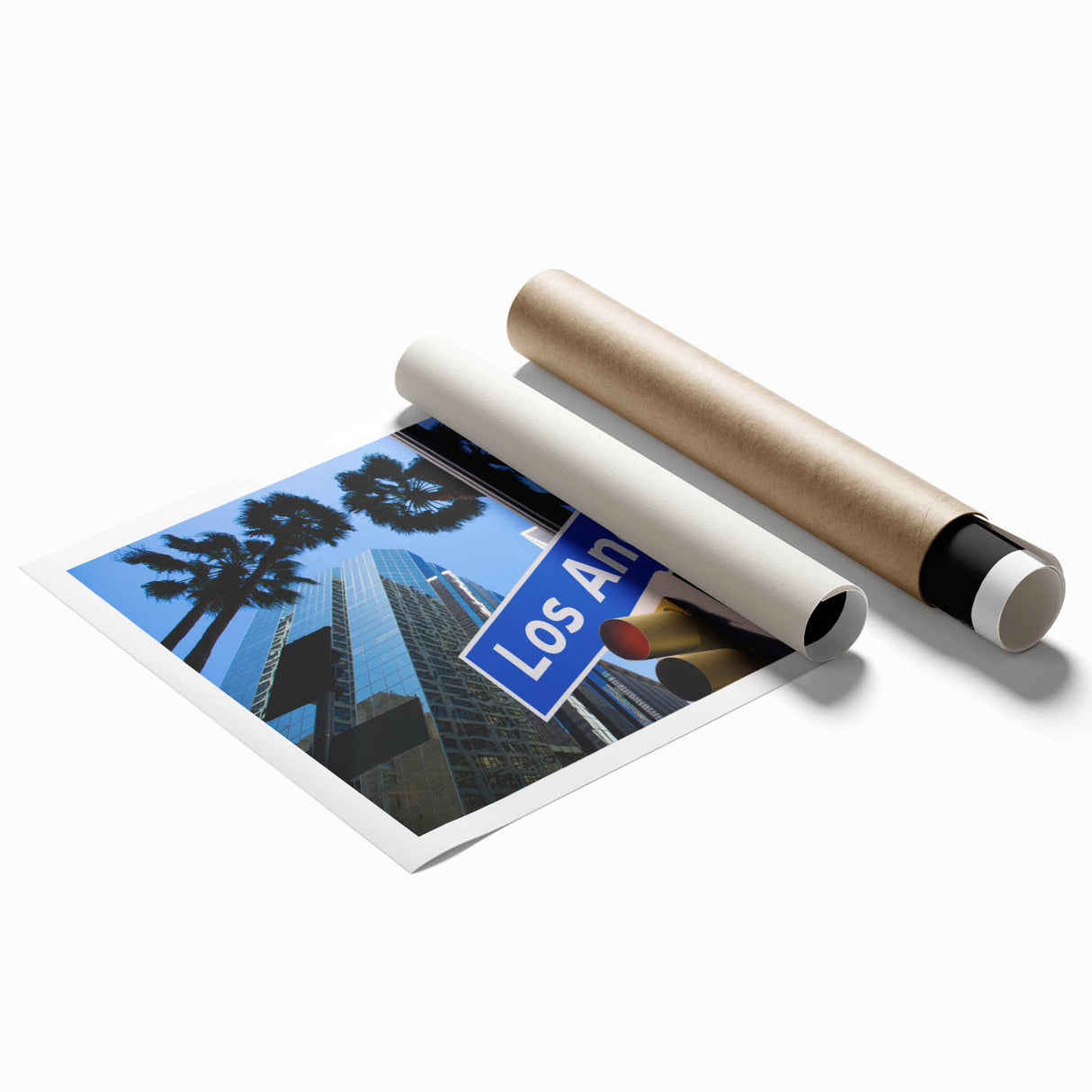 Extra large rolled print of Los Angeles scenery with vibrant floral elements.