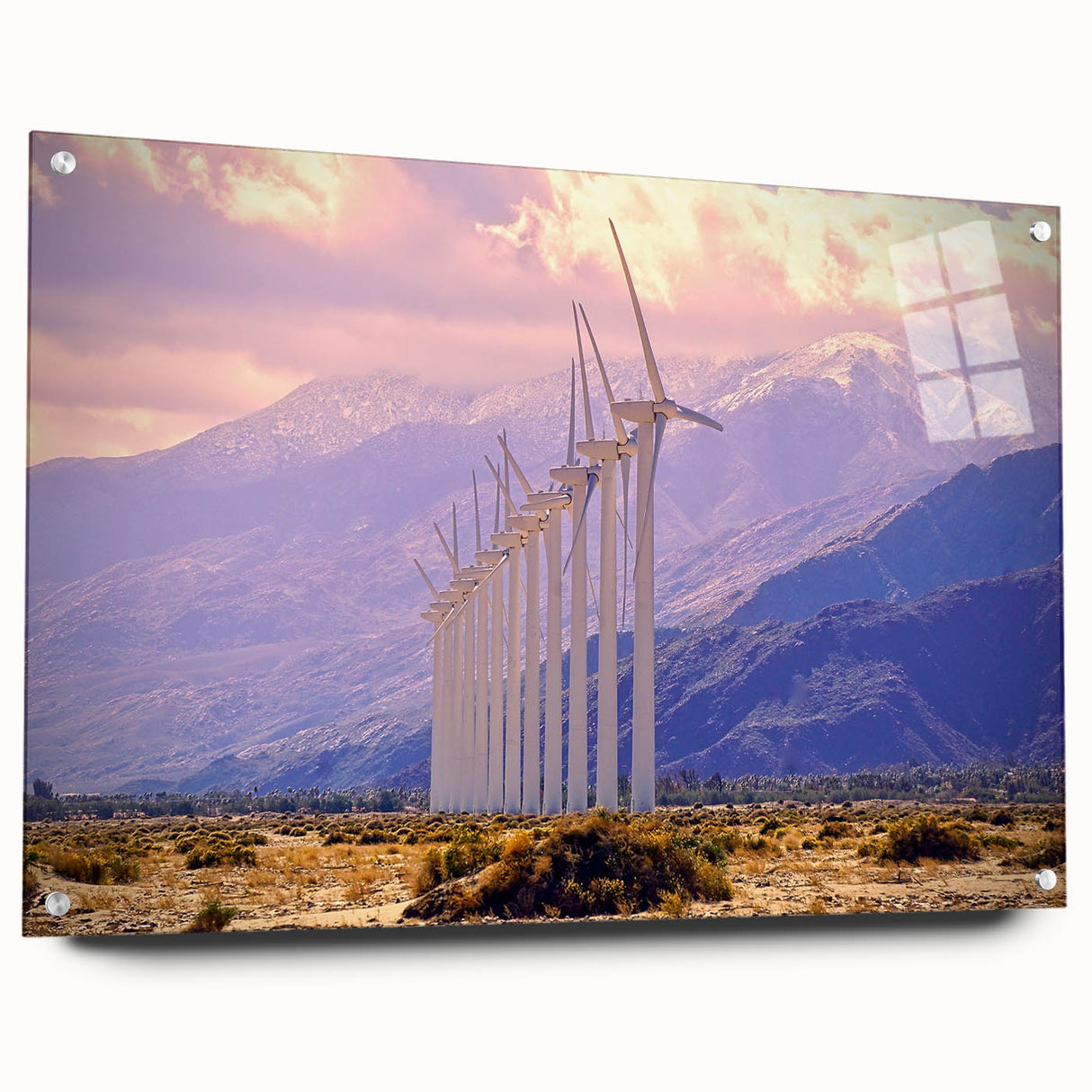Acrylic print of Palm Springs scenery with vibrant sunset hues, ideal for dining room decor.