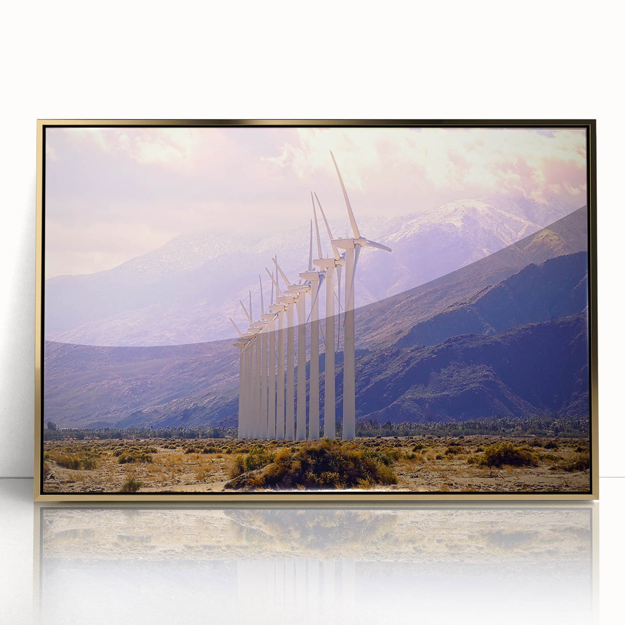 Mid-century modernist art of Palm Springs scenery in vibrant colors on a gold-framed acrylic print, suited for modern decor.