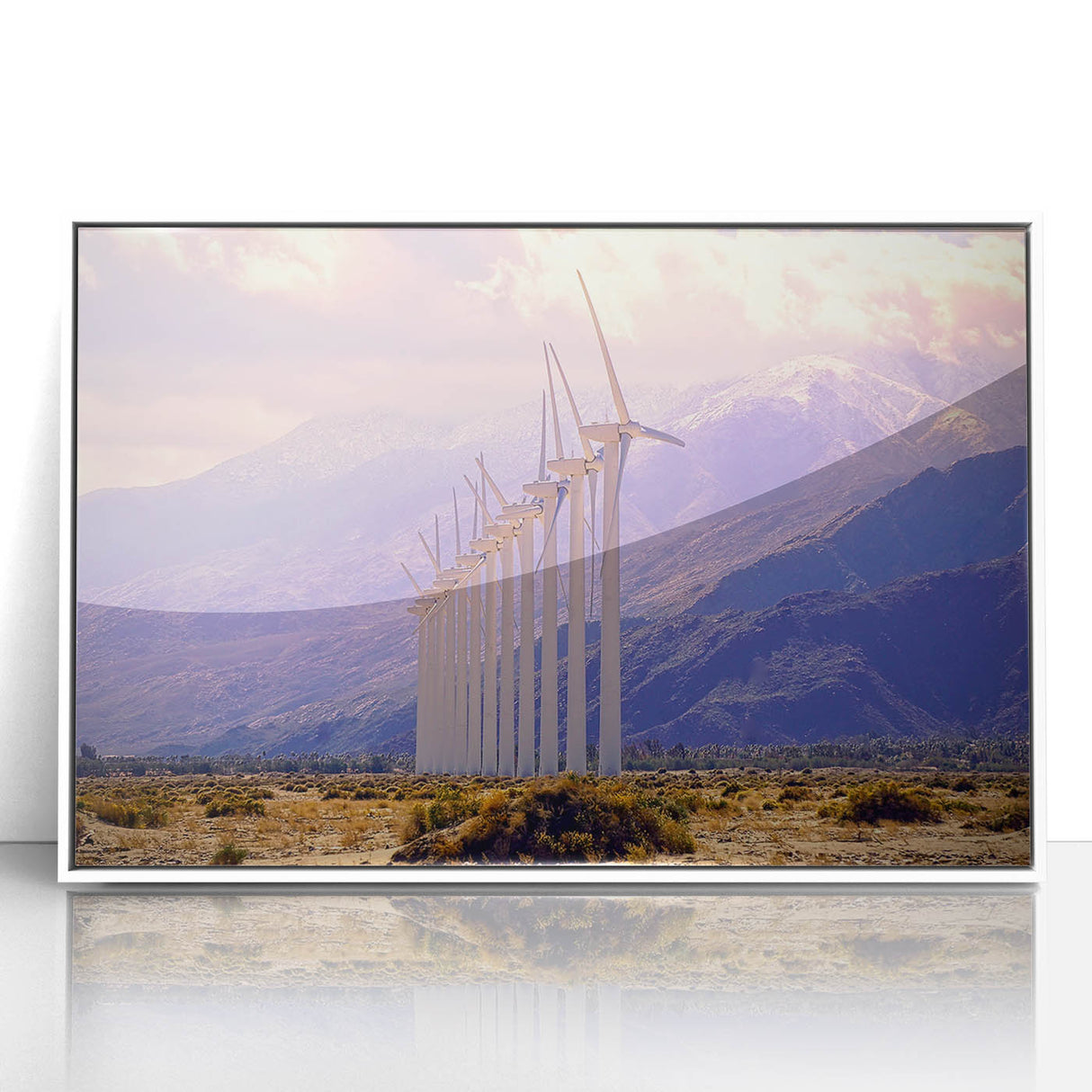 Art deco poster of Palm Springs, featuring muted pastel hues on framed acrylic, ideal for modern nursery wall art.