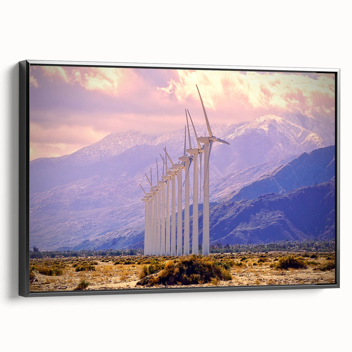 Black and white vintage poster art of Palm Springs landscape on framed canvas, suitable for bedroom wall decor.
