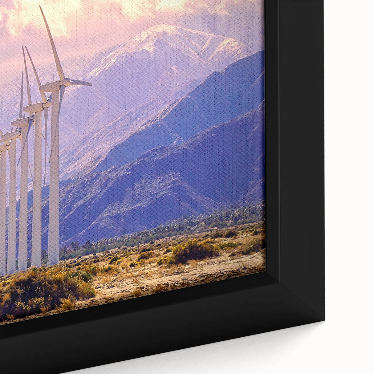 Black wall art featuring a textured Palm Springs scene with vibrant colors on a framed canvas, ideal for living room decor.