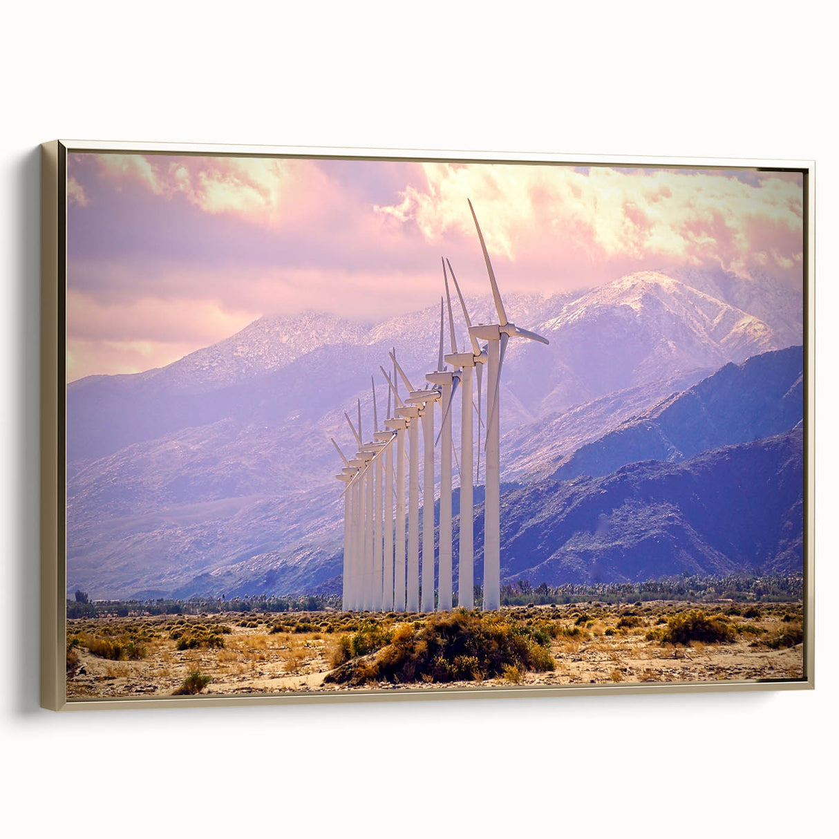 Framed canvas featuring a vintage-style Palm Springs landscape with black and gold tones, ideal for bedroom wall art.