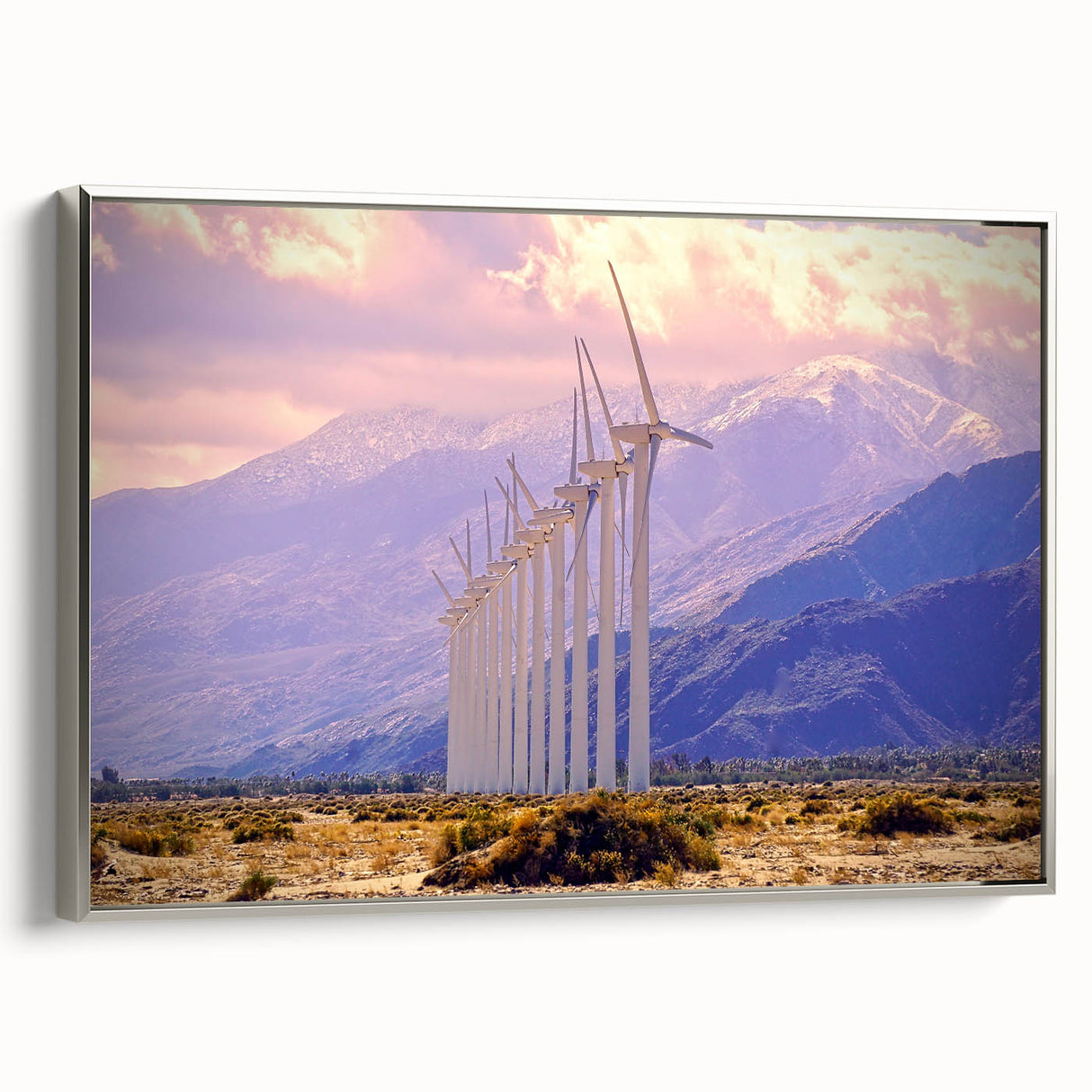 Framed canvas landscape art painting featuring a vintage-style Palm Springs scene with colorful skies and black silhouettes…