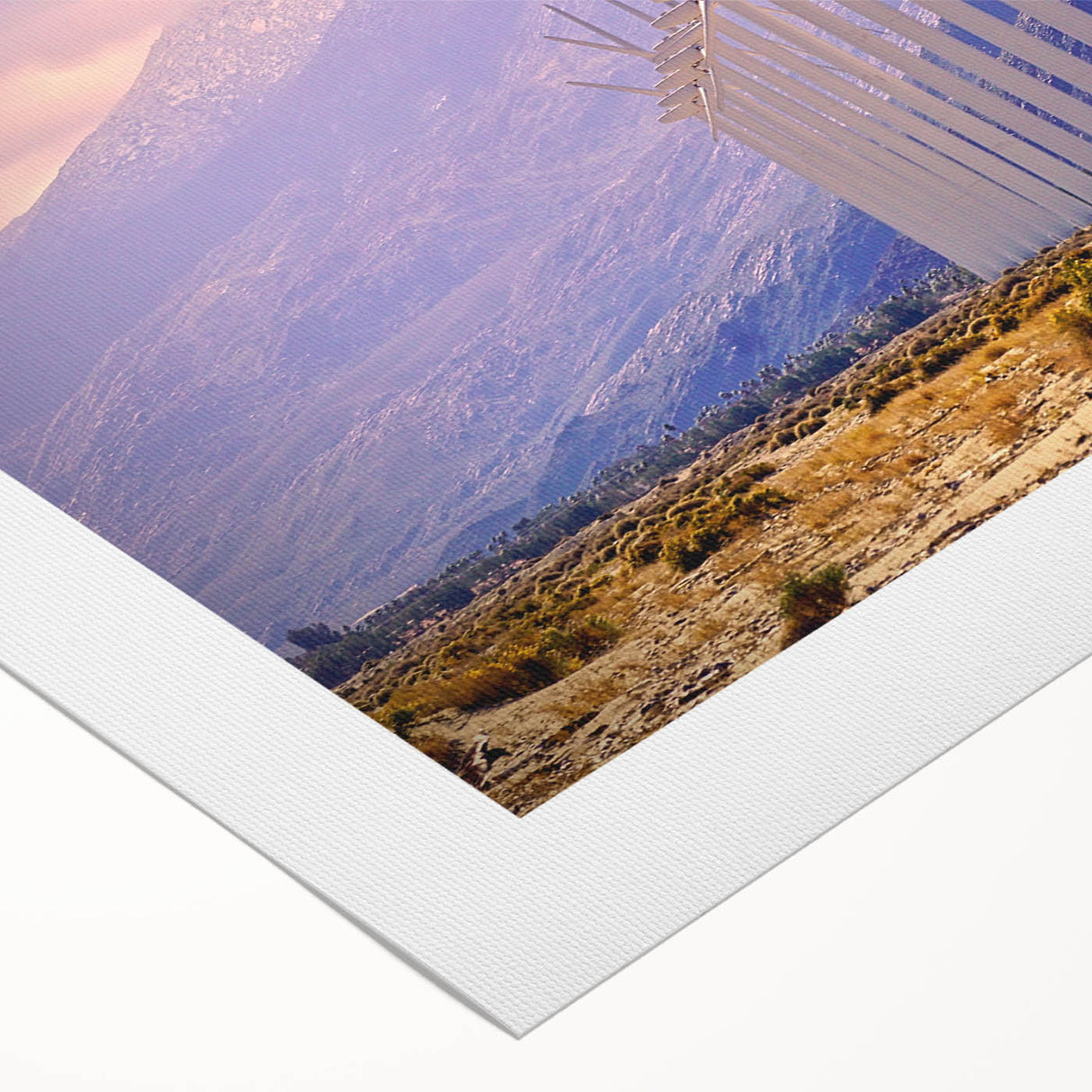 Art deco poster of Palm Springs with vintage cars and palm trees in pastel colors on rolled canvas.