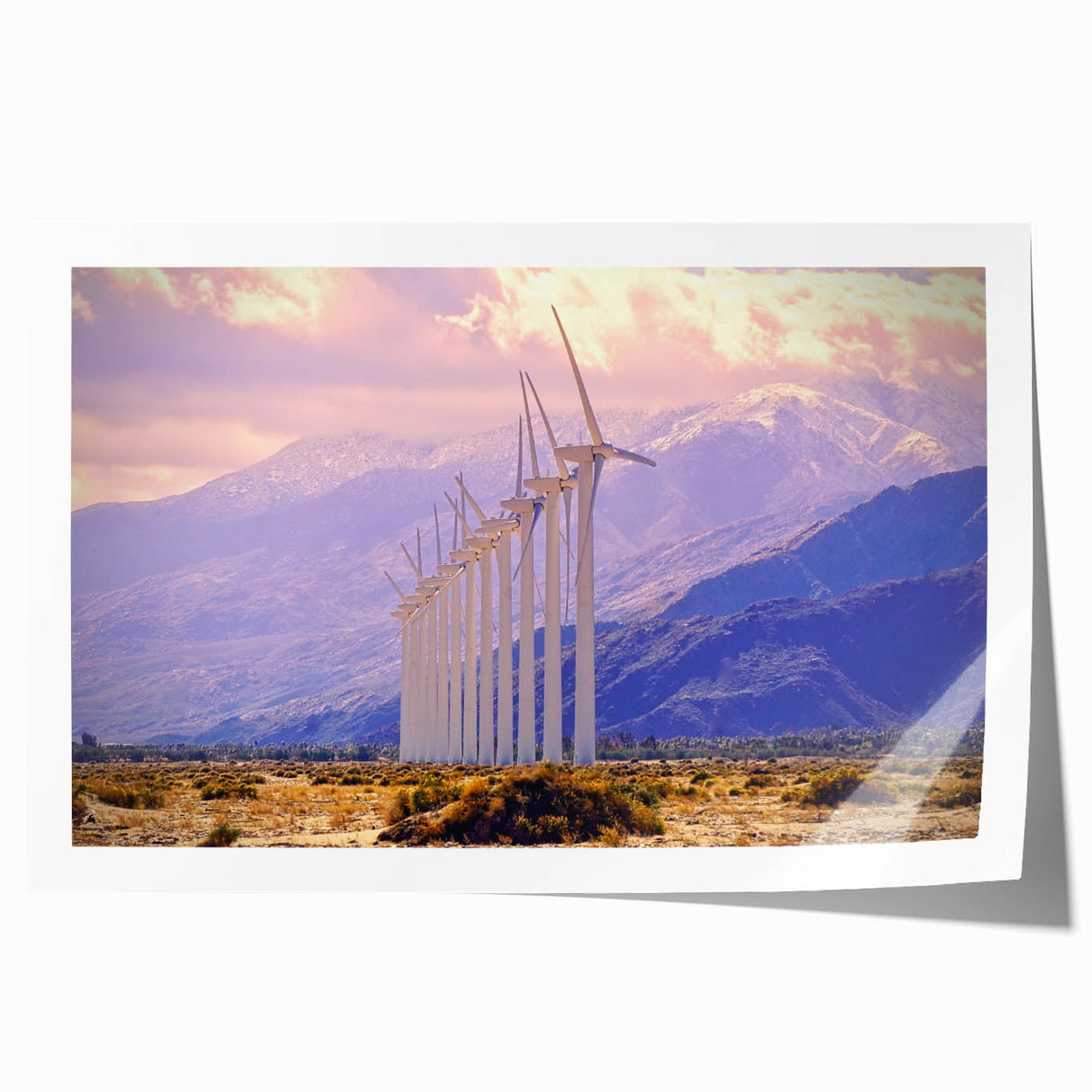 Palm Springs landscape on rolled print, featuring pastel sunset hues, ideal for art wall dining room.