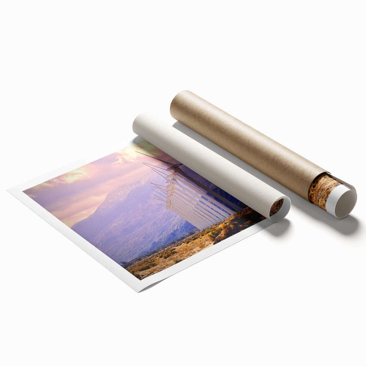 Extra large rolled print of Palm Springs scenery with pastel palm trees on a muted background.