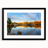 Extra large abstract art print of Sacramento scenery in vibrant colors on a textured canvas, framed in black.