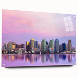 Acrylic print of a large abstract depiction of San Diego skyline in vibrant hues, suitable for bedroom or dining room decor.