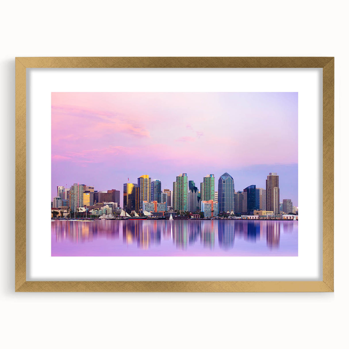 Extra large framed wall art featuring an abstract depiction of San Diego in gold and teal tones, ideal for living room decor.