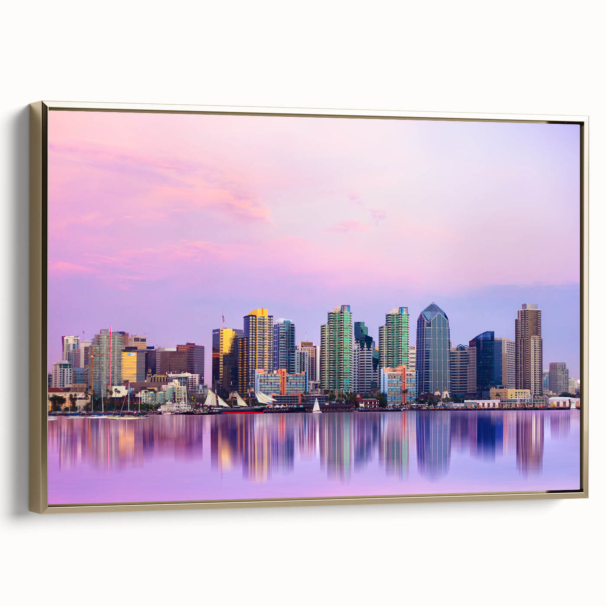 Framed canvas depicting a vintage-style San Diego landscape in black and gold tones, ideal for bedroom wall art.