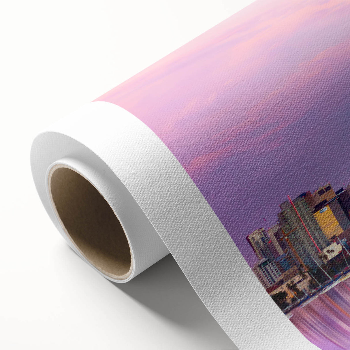 Art deco poster of San Diego skyline in pastel shades on rolled canvas, ideal for nursery wall art.