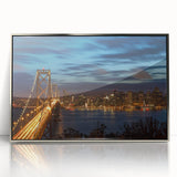 Mid-century modernist art depicting San Francisco skyline in muted gray and blue tones on a framed acrylic panel.