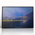Large abstract wall art depicting the Santa Cruz coastline in muted blue and green tones, framed in black acrylic.