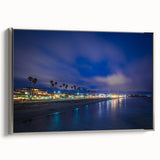 Framed canvas of vintage-style landscape art painting featuring the Santa Cruz coastline in muted blue and gray tones.