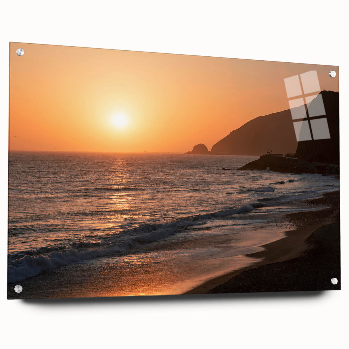 Acrylic glass print of abstract Santa Monica scenery in blue and green tones, suitable for bedroom or dining room decor.