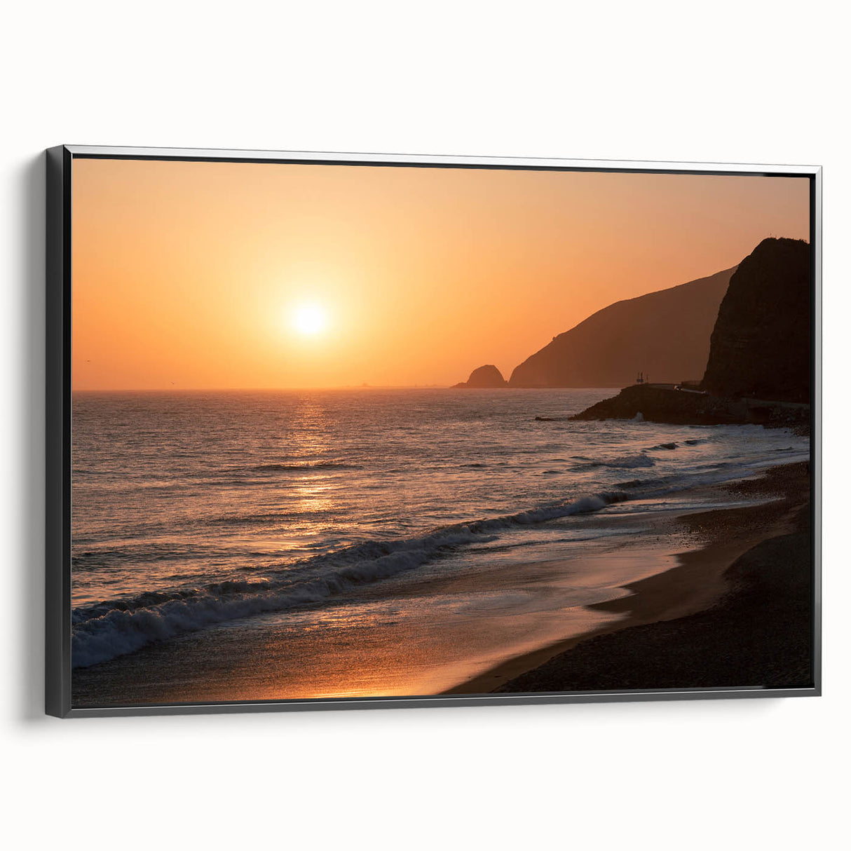 Black and white framed canvas of Santa Monica landscape in a vintage poster style, ideal for bedroom wall art.