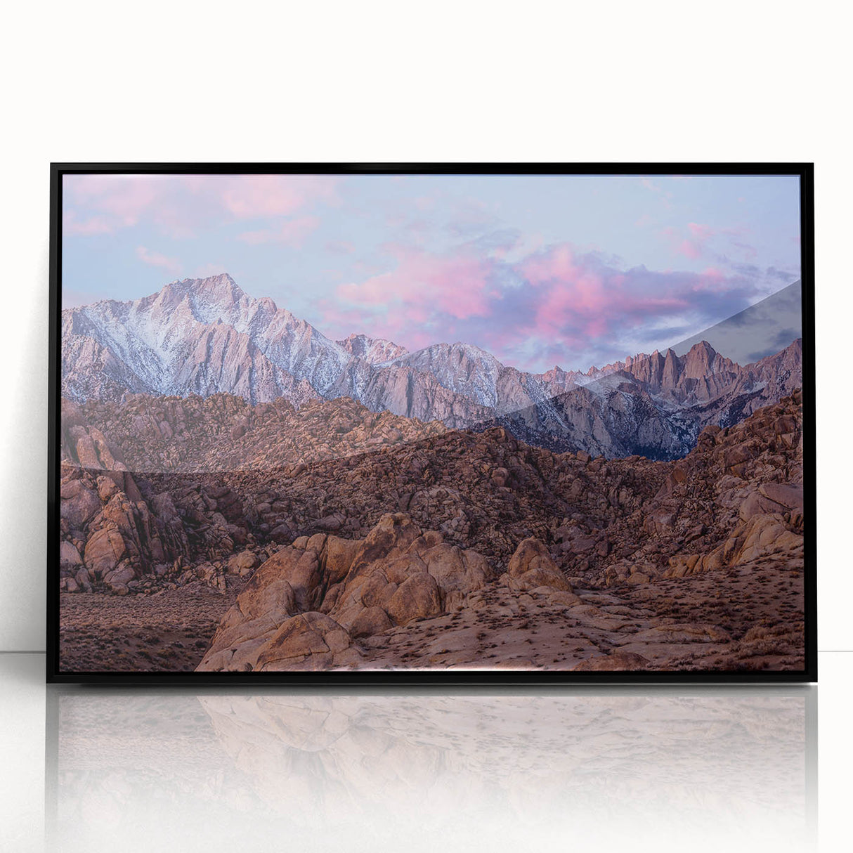 Large abstract wall art depicting the Sierra Nevada in muted earth tones, framed in black acrylic, suitable for modern decor.