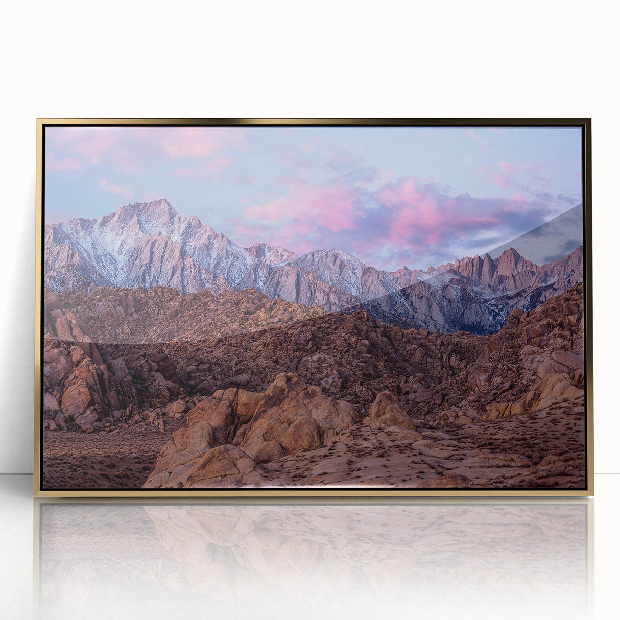 Large art print of Sierra Nevada scenery in mid-century modernist style, framed in acrylic with gold tones.