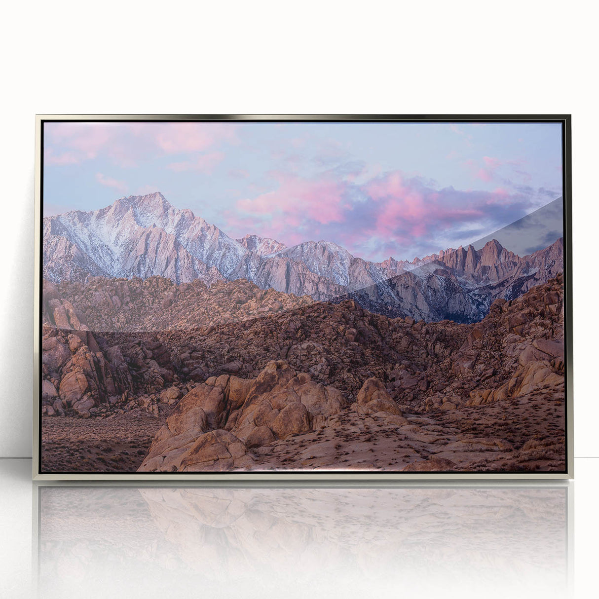 Mid-century modernist art depicting the Sierra Nevada landscape in muted earth tones on a silver-framed acrylic print.