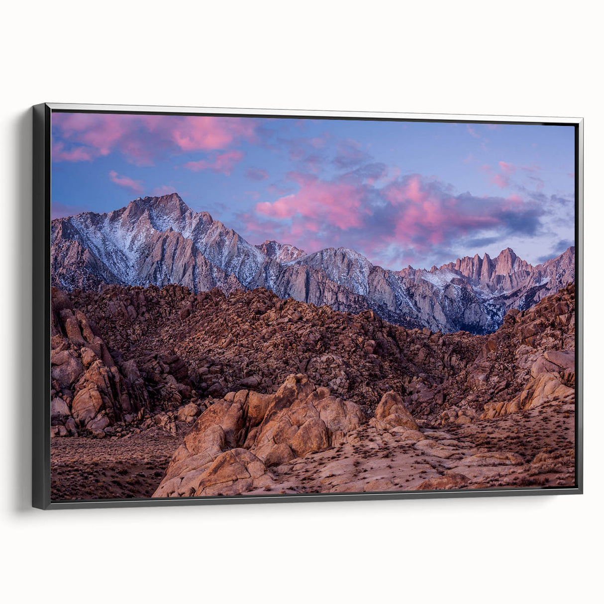 Black and white framed canvas of Sierra Nevada landscape, ideal for bedroom wall art.