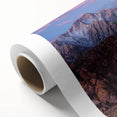 Art Deco style poster of Sierra Nevada landscape on rolled canvas, in muted earth tones, ideal for nursery wall art.