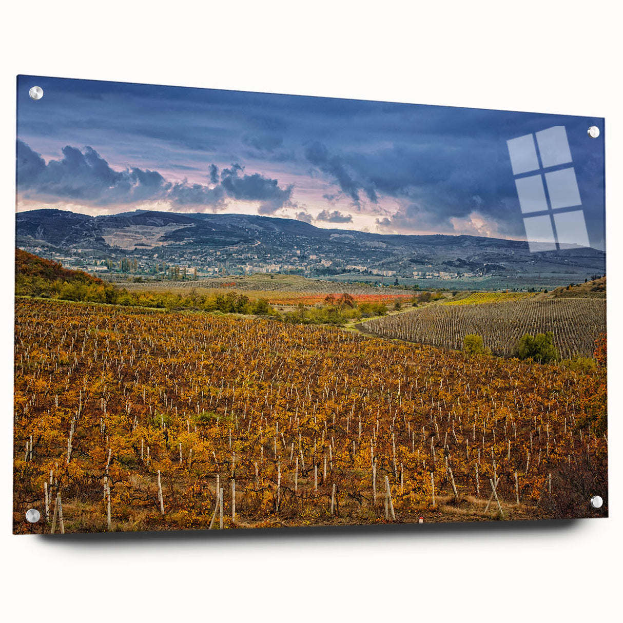 Large abstract depiction of California's Sonoma landscape in muted earth tones on acrylic glass.